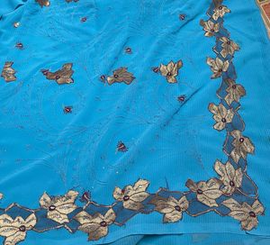 Beautiful Blue Saree with Floral Border