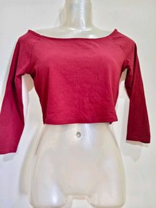 Maroon Off-Shoulder Long Sleeve Crop Top