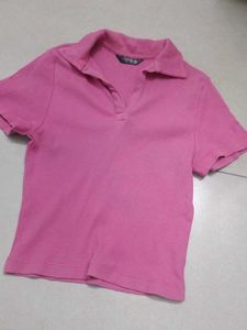 Pink Ribbed Polo T-Shirt
