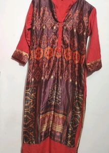 Coral &amp; Brown Kurta Plazo For 32 Bust