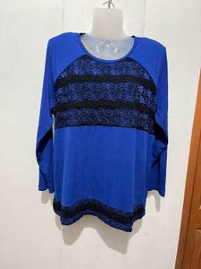 Blue Lace Detail Long Sleeve Top