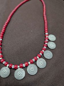 Boho Red Beaded Necklace with Coin Charms