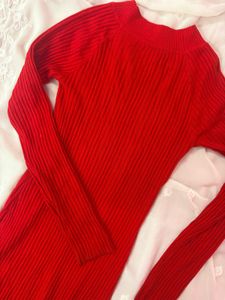 Chic Ribbed Knit Red Dress