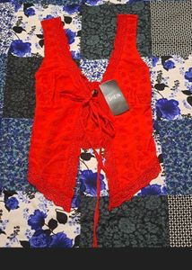 Shein Chic Red Lace-Trimmed Tie-Front Top