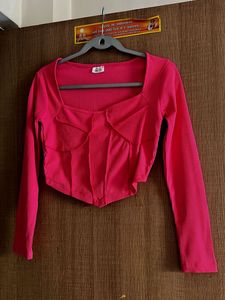 Ribbed Corset Detail Long Sleeve Top