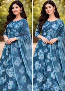 Beautiful Blue Floral Gown with Dupatta
