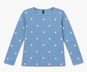 Cute Blue Embroidered Long Sleeve Top