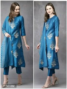 Stylish Blue Foil Print Kurta With Pant&amp; Dupatta