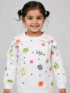 Girls White Embroidered Floral Ruffle Sweatshirt