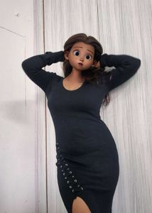 Chic Black Ribbed Lace-Up Dress<<3