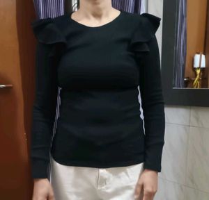 Elegant Black Long Sleeve Top|Designer shoulders