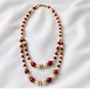 Elegant Pearl &amp; Red Beaded Necklace