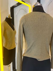 Ribbed V-Neck Top with Eyelet Detail