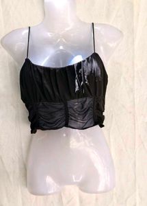 23286. Black Mesh Ruched Crop Top