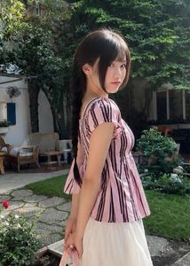Cute Pink Striped Puff Sleeve Top