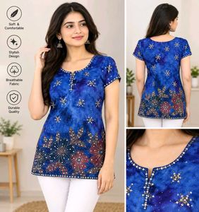 Blue Batik Kurta with Floral Embellishments