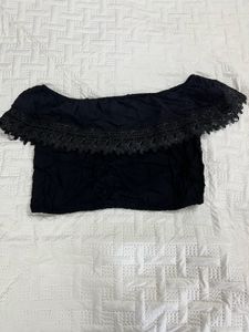 Black Off-Shoulder Lace Trim Crop Top