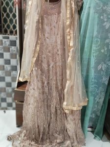 Elegant Nude Gold Embroidered Anarkali Gown