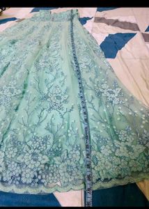 Aqua Floral Embroidered Tulle Gown