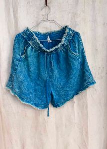 I. Blue Denim Ruffled Shorts