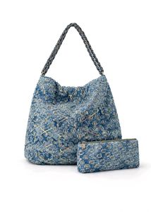 Blue Tweed Hobo Bag with Pouch