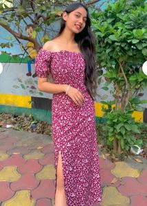 Maroon Floral Midi Dress