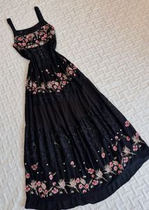 Floral Embroidered Lace insert Black Maxi Dress
