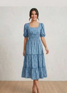 Blue Floral Smocked Midi Dress