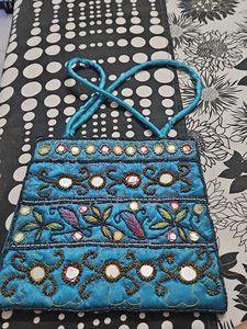 Boho Beaded Teal  Bag with Mirror Work