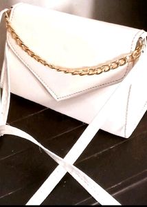 White Slingbag With Golden Chain For Girls And Wom