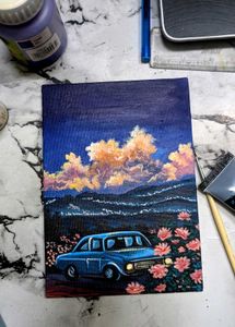 Vintage Car &amp; Sunset Painting