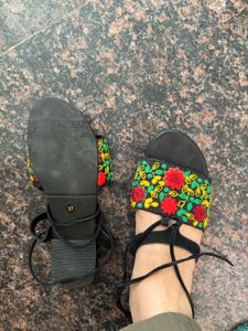 Embroidered Floral Lace-Up Sandals