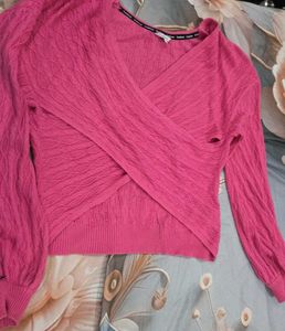 Chic Pink Cropped Wrap Sweater
