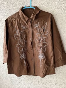 Brown Floral Embroidered Button-Up Shirt
