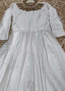 Elegant White Anarkali Gown with Gold Embroidery