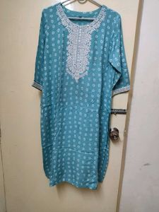 Teal Printed Kurti with Embroidery