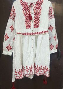 Embroidered White Dress with Belt