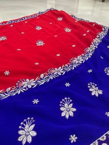 Embroidered Blue &amp; Red Sari