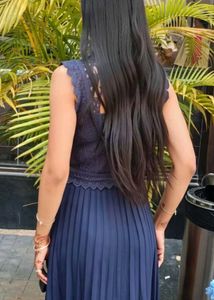Elegant Navy Blue Lace &amp; Pleated middi