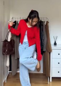 Red Ribbed Button-Up Cardigan