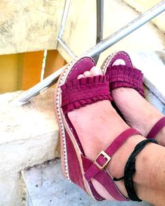 Maroon Wedge Sandals with Ruffle Detail
