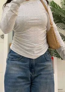 Chic Ruched White Eyelet Top