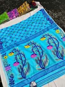 Beautiful Blue Floral Print JAMDANI cotton Saree