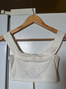 Cream Ribbed Tie-Front Crop Top