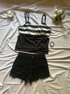 striped cami top,black shorts &amp; jewelry