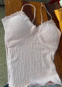 Pink Ribbed Cami Top with Lace Trim