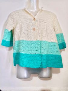 Crocheted Striped Button-Up Cardigan
