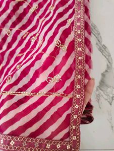 Vibrant Pink Leheriya Saree with Golden Buti