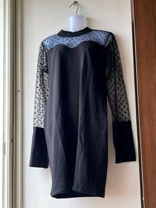 Black long sleeves mesh sheer polka dot bodycon dr