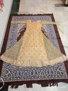 Elegant Beige &amp; Gold Anarkali Gown